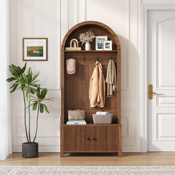 70.08" Tall Hall Tree with bench and shoe storage, 4-in-1 Entryway Coat Rack & Shoe Storage Cabinet with 4 Hooks, Bohemia Style Furniture Organizer for Hallway, Foyer