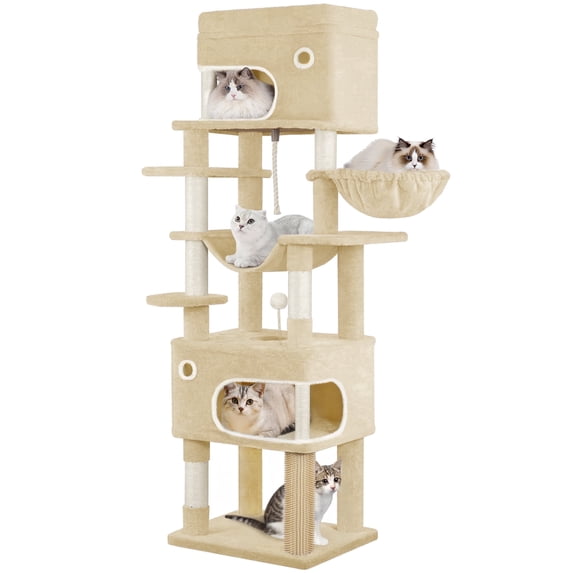 Cat Tree, 70.1‑Inch Tall Multi‑Level Cat Tower for Indoor Cats with Scratching Posts, Large Platform, Cat Caves and Basket, Beige