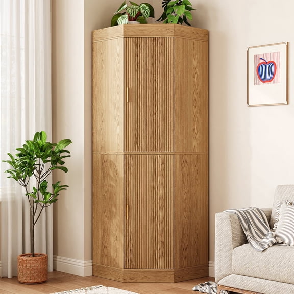 70.1” Farmhouse Corner Storage Cabinet With Fluted Doors, Kitchen Pantry Cabinet With Adjustable Shelves