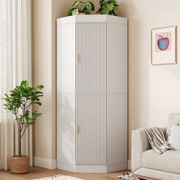 70.1" White Farmhouse Corner Storage Cabinet, Fluted Doors, Adjustable Shelves, Kitchen Pantry