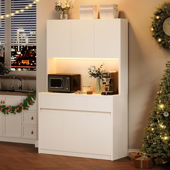 70.1''Kitchen Pantry Hutch With Charge Station & Led Light,Kitchen Pantry Cabinet With 3 Drawer&Adjustable Shelves,Tall Cabinet For Kitchen Dining Room Bathroom Sideboard