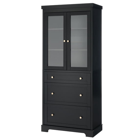 70.1" Modern High Freestanding Bathroom Cabinet with Glass Doors, 3 Drawers for Clutter-Free Storage Solutions