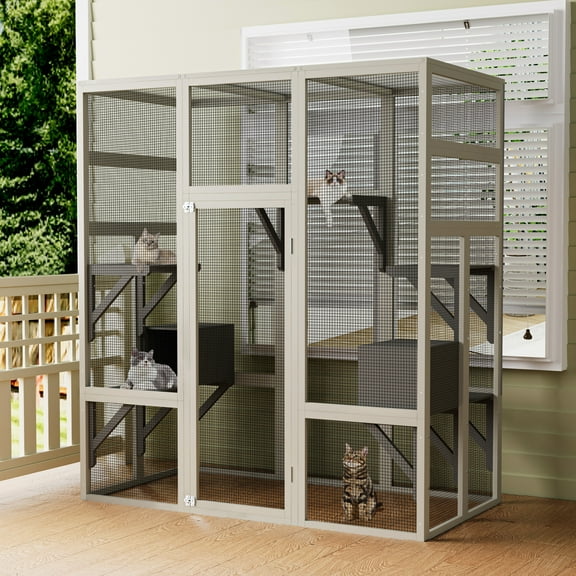 70.1" Outdoor Wooden Catio Enclosure, Multi-Level Cat Playpen with 5 Platforms & 2 Houses, UV-Resistant Waterproof Shelter for Multiple Cats, Gray