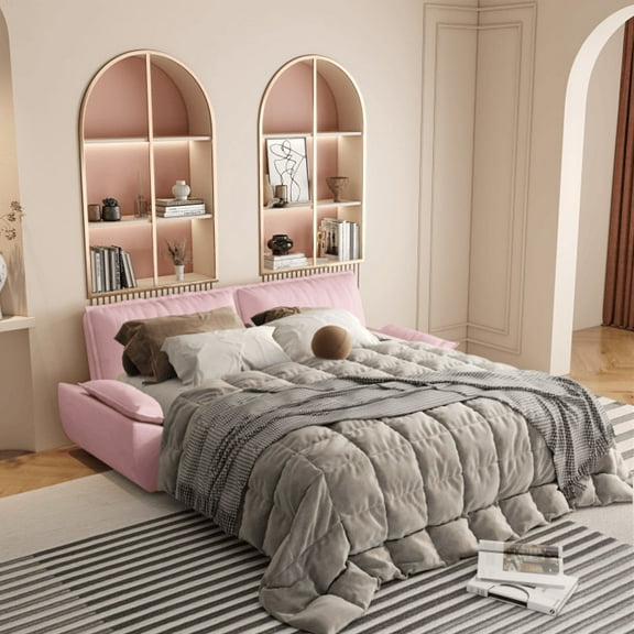 Firscook 73.2"Queen Pull Out Sofa Bed, Velvet Convertible Sleeper Couch for Small Spaces, Pink