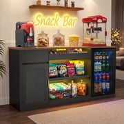 70.1" Snack Bar Cabinet with Fridge Space for Home Theater with LED Lights, Black