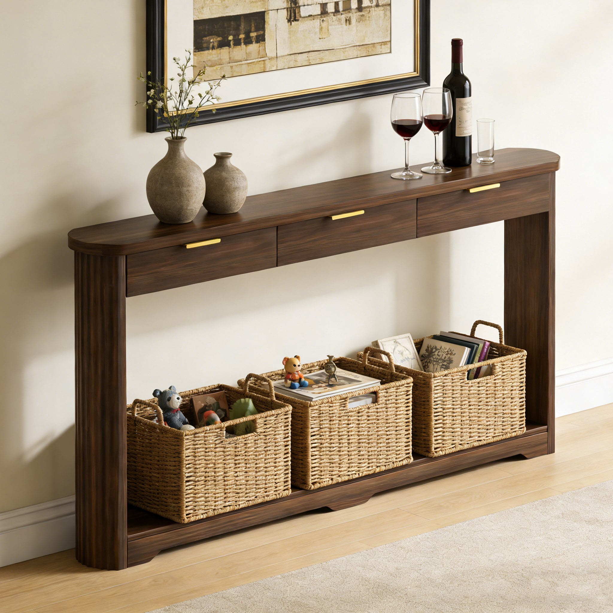70.1" Wavy-Patterned Storage Table With Drawers, A Slim Wooden Side Table That Can Be Placed Behind A Sofa, Ideal For Entryways, Hallways, And Doorways
