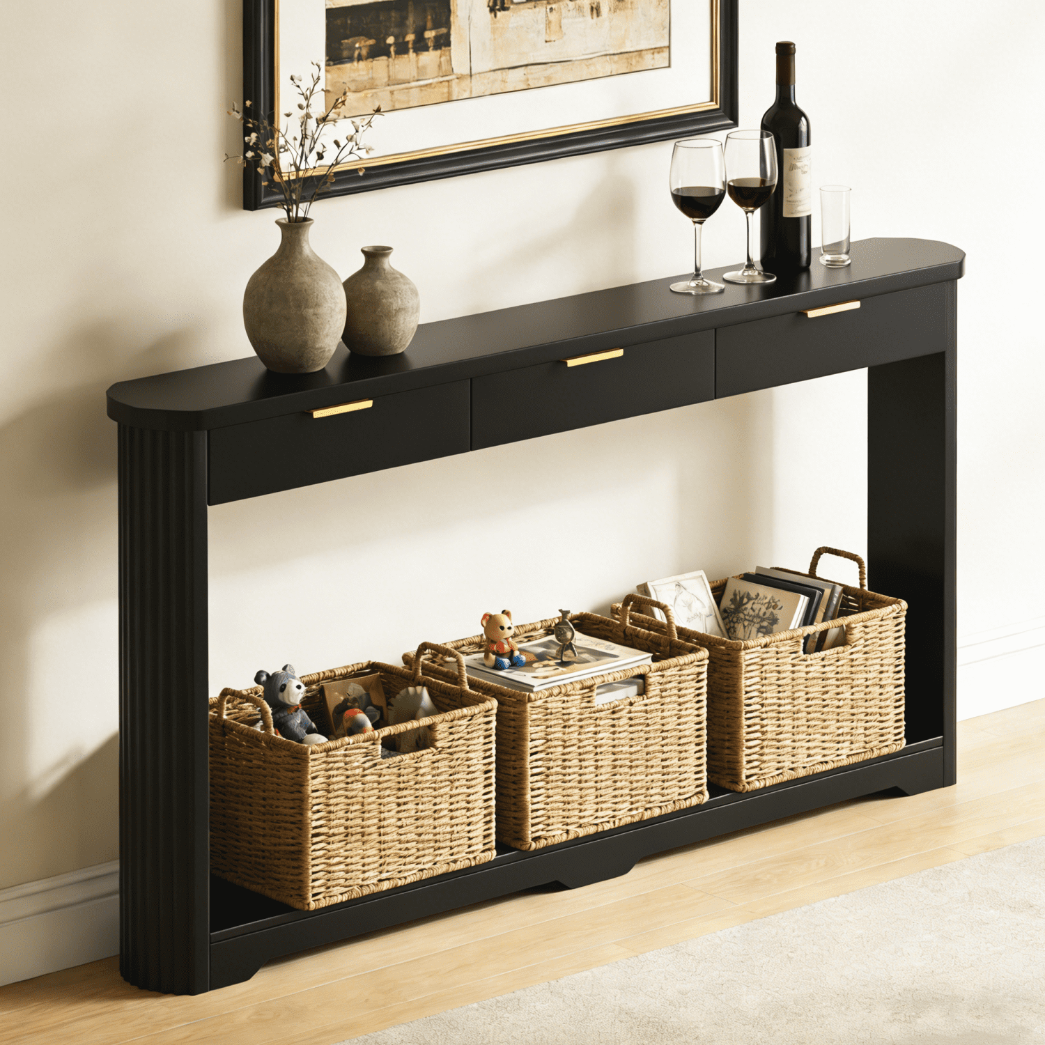 70.1" Wavy-Patterned Storage Table with Drawers; a slim wooden side table that can be placed behind a sofa, ideal for entryways, hallways, and doorways.Black.70.1"L*8.7"W*35.5"H