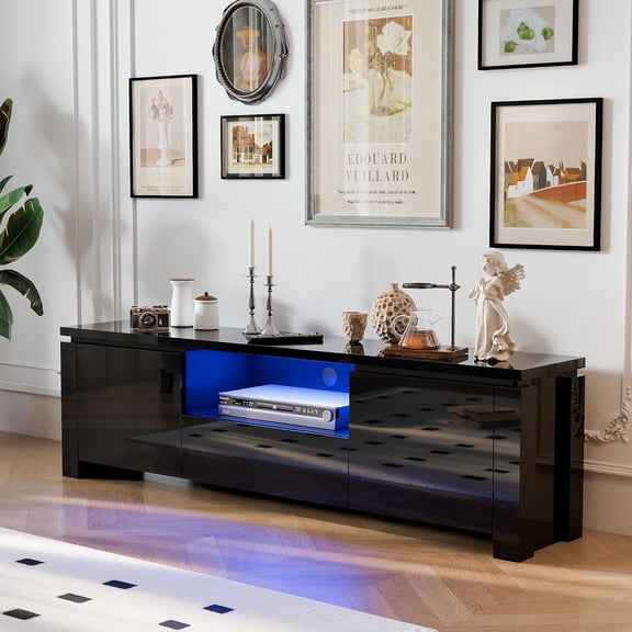 70.1-inch High Gloss TV Stand with LED Lights, Entertainment Center Console Table with 2 Doors for TVs up to 75