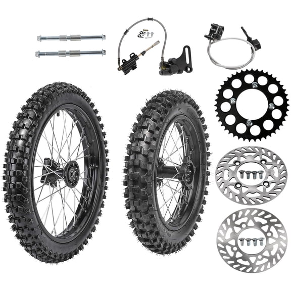 70/100-17 Front + 90/100-14 Rear Wheels Tires and Rim Inner Tube 15mm Bearing Assembly + 428 43T Sprocket + Hydraulic Brake Kit for Dirt Pit Bikes Taotao SSR Coolster 125cc 150cc CRF70 RM85