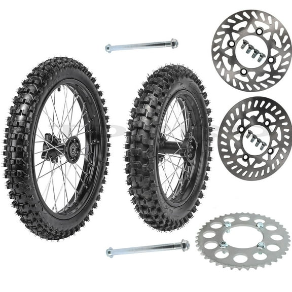 70/100-17 Front + 90/100-14 Rear Wheels Tires and Rim Inner Tube with 15mm Bearing Assembly + Disc Rotors + 420 43T Sprocket+ Axle Bolts for Dirt Pit Bikes Apollo 125cc 150cc KX85