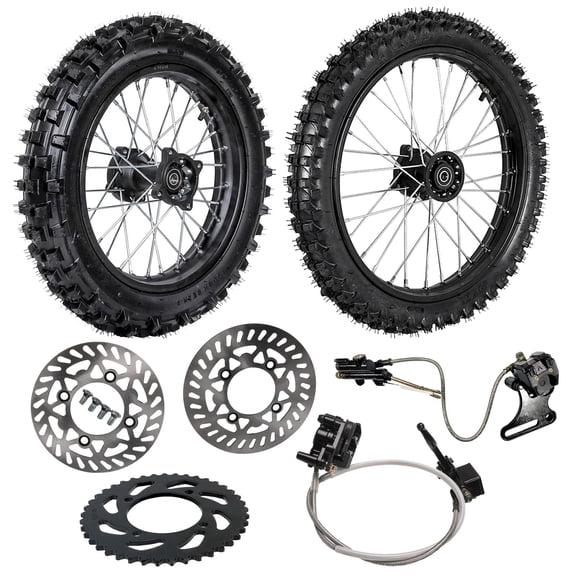 70/100-17 Front Dirt Bike Wheel 90/100-14 Rear Tire on Rim with Rear Hydraulic Brake Caliper and 420 41T Chain Sprocket for Scooter Pocket Trail Bike Offroad Motorcycle SDG SSR Pitster Taotao Baja