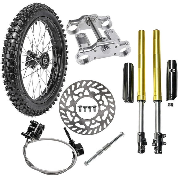 70/100-17 Front Wheel Tire Rim With 15mm Bearing & Brake Disc & Hydraulic Disc Brake Caliper Master Cylinder & Rim Axle & Fork Shocker and Triple Clamp Handlebar Riser Set for Dirt Pit Bike