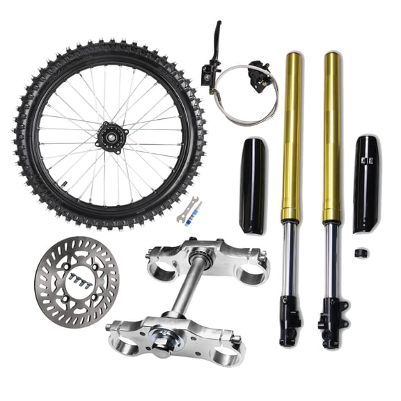 70/100-19 Dirt Bike Front Tire and Rim with Disc Brake Rotor 735mm Upside Down Front Fork Triple Tree Clamp Brake Caliper Assembly Kit for SSR Dirt Pit Bike Trail Offroad Motorcycle 125cc- 250cc