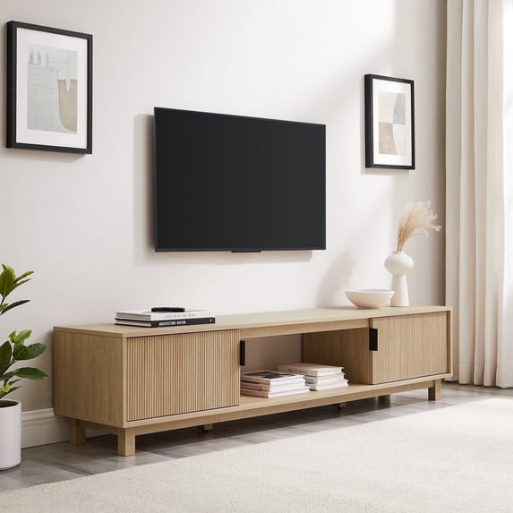 Walker Edison Mid-Century Modern Reeded 2-Door TV Stand for TVs up to 80”, Coastal Oak