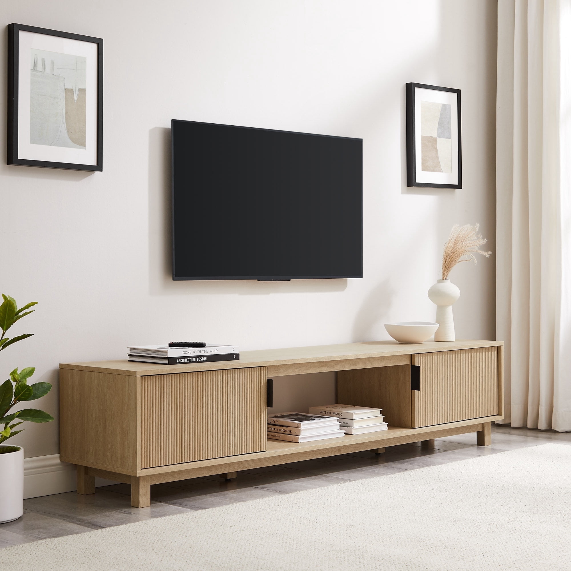 Walker Edison Mid-Century Modern Reeded 2-Door TV Stand for TVs up to 80”, Coastal Oak