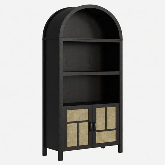 70.2" Tall Black Arched Rattan Pantry Cabinet - Adjustable Kitchen Storage