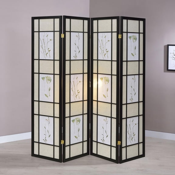 70.25" Floral Folding Screen - 4-Panel Privacy Screen with Black Frame (69.5"W x 70.25"H)