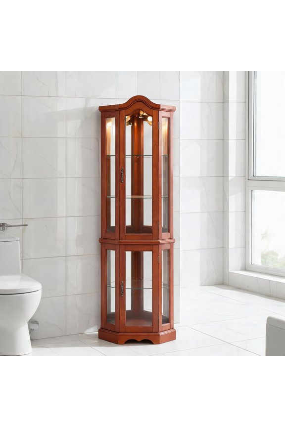 70.25 Inch Tall Traditional Corner Curio Display Cabinet, Brown-Toned MDF with Tempered Glass