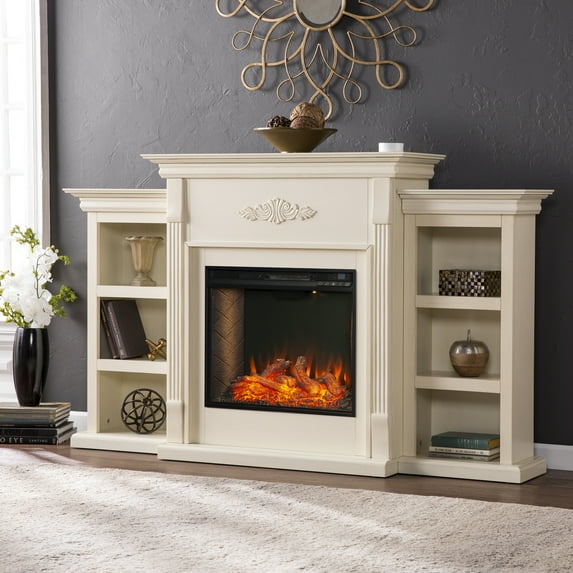 70.25" Ivory Contemporary Rectangular Fireplace with Bookcase