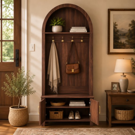 70.3" Arched Hall Tree with Storage Bench and Fluted Doors