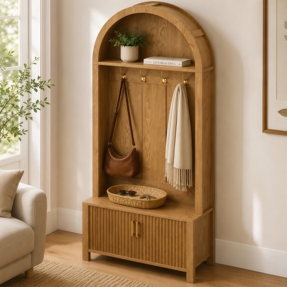 70.3" Arched Hall Tree with Storage Bench and Fluted Doors