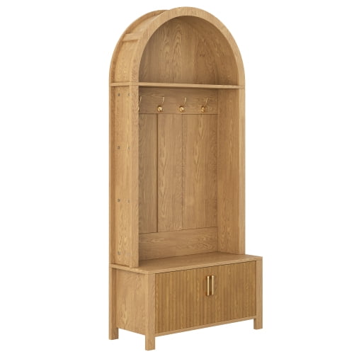 70.3 Inch Arched Hall Tree with Bench and Storage Cabinet, Farmhouse Coat Rack with 4 Hooks for Entryway Mudroom Hallway, Natural