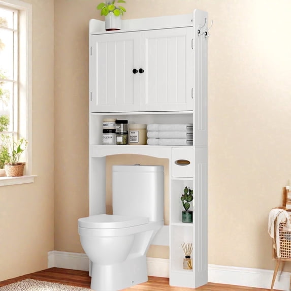 70.3"Over The Toilet Storage Cabinet, Bathroom Cabinet with Adjustable Shelves & Toilet Paper Holder, Anti-Tip, White