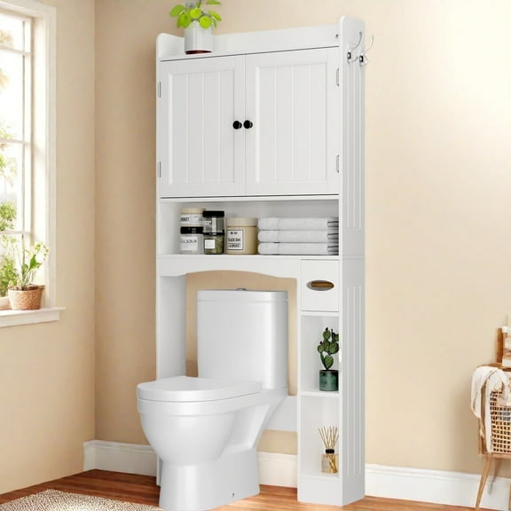 70.3"Over The Toilet Storage Cabinet, Bathroom Cabinet with Adjustable Shelves & Toilet Paper Holder, Anti-Tip, White