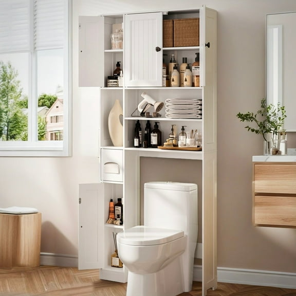 Over The Toilet Storage Cabinet, Lofka 70.9''Bathroom Cabinet with Toilet Paper Holder Stand& Doors, White