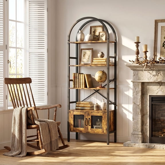70.3" Tall Arched Bookshelf, 4-Tier Open Display Bookcases with Door Cabinet, Industrial Style Metal Storage Rack, Brown