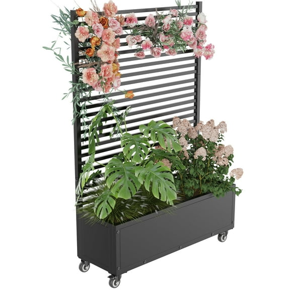 70.3 x 47.2 x 14.7" Metal Planter Box with Trellis and Privacy Screen , Trellis Planter Box with Drainage Holes & Lockable Casters for Climbing Plants and Vegetables