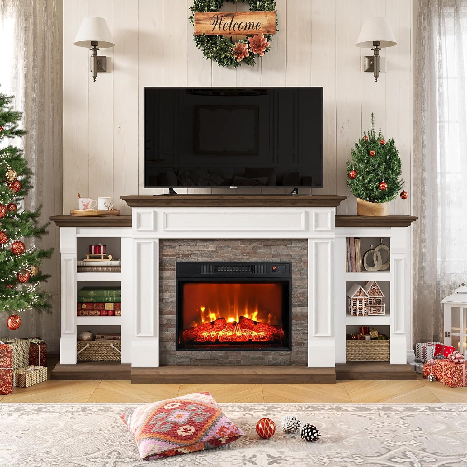 70" Electric Fireplace with Mantel Fireplace TV Stand for TVs Up to 80 ...