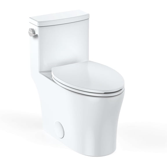 70*38*75CM Elongated Toilet for Bathrooms, One-Piece Toilet with Soft Close Seat, Powerful & Quiet Left Side Trip Lever Flush 1.28 GPF, Ceramic Crisp White 12" Rough-In