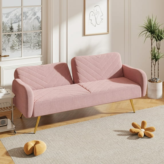 70.47" Loveseat Sleeper Sofa, Fabric Convertible Sofa Bed with Split Backrest and 2 Throw Pillows, Pink Futon Couch for Living Room, Bedroom