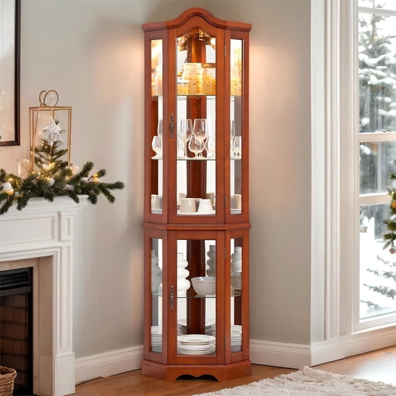 70.5" H Corner Curio Cabinet, Lighted Glass Display Case with 5 Adjustable Tempered Glass Shelves, Wine Cabinet Rack for Bar and Liquor Storage (E26 Bulb Not Inclued) (Walnut)