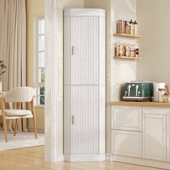 70.5" Fluted Tall Corner Cabinet, 4-Tier Corner Pantry Storage Cabinet with 2 Adjustable Shelves for Kitchen, Dining Room, White