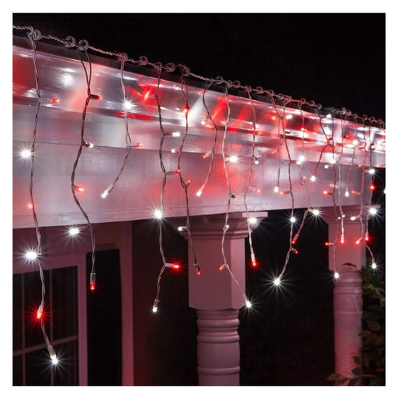 70 5mm LED Red and Cool White Icicle Lights, 7' on White Wire, Red and White Christmas Lights Outdoor Icicle Red White Christmas Lights (5mm Lights, Red/Cool White)