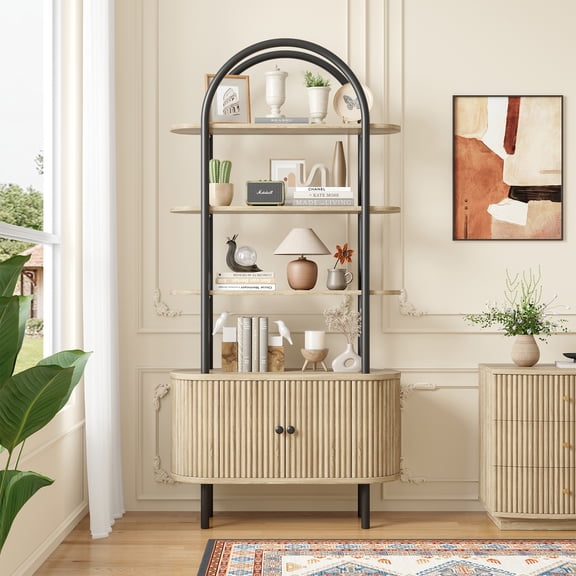 70.63" Tall Fluted Arched Bookshelf, Mid Century Metal Curved Bookshelf Cabinet with Storage, 5-Tier Display Storage Shelf for Home Office, Living Room