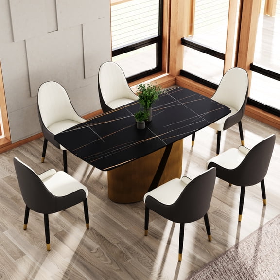 70.64" Black Panel Dining Table With Bronze Iron Metal Support Rectangular - Sintered Stone Panel, Legs, Holds 6-8, To High Temperatures