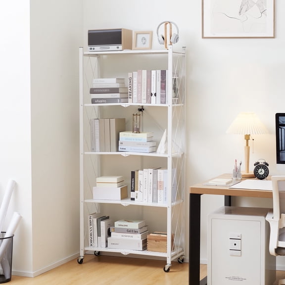 70.7" H Large Storage Shelves with Wheels, Bookshelf with Storage, No Assembly Metal Rack Shelf for Kitchen, Office, Laundry, Garage （5 Tier White）