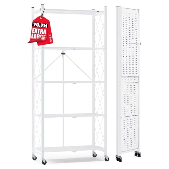 70.7" H Metal Storage Shelves, 5 Tier Folding Shelf on Wheels, Heavy Duty, No Assembly, Rolling, Collapsible Rack Unit for Kitchen, Basement, Pantry (White,1 Pack)