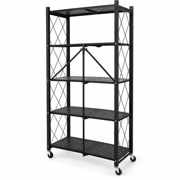 61 Inch H Metal Storage Shelves, 5 Tier Folding Shelf on Wheels, Heavy Duty, No Assembly Required, Rolling Collapsible Rack Unit for Kitchen, Basement, Pantry, Black, 1 Pack