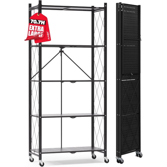 70.7 Inch H Metal Storage Shelves, 5 Tier Folding Shelf on Wheels, Heavy Duty, No Assembly Required, Rolling Collapsible Rack Unit for Kitchen, Basement, Pantry, Black, 1 Pack