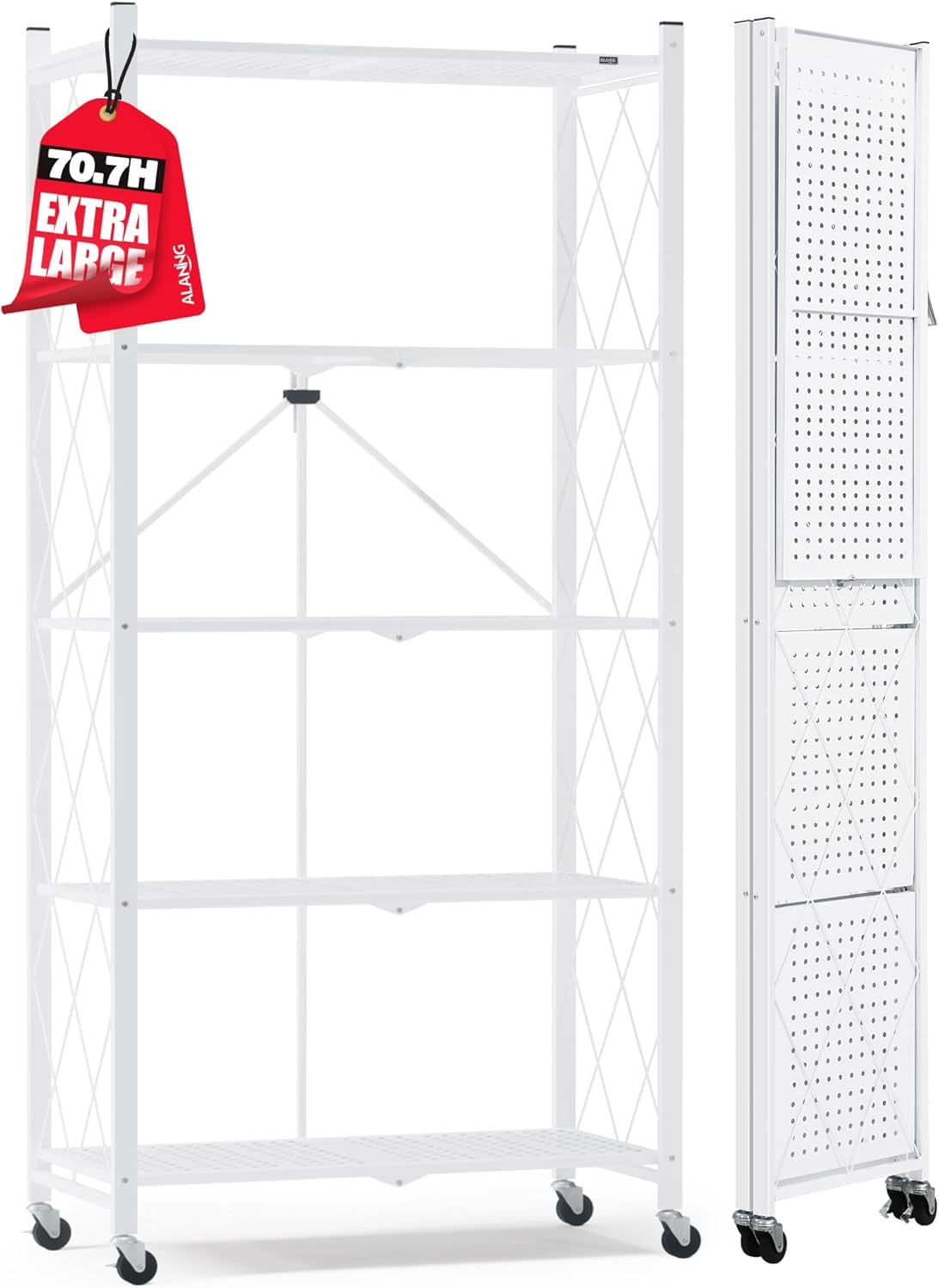 70.7 Inch H Metal Storage Shelves, 5 Tier Folding Shelf on Wheels, Heavy Duty, No Assembly Required, Rolling Collapsible Rack Unit for Kitchen, Basement, Pantry, White, 1 Pack