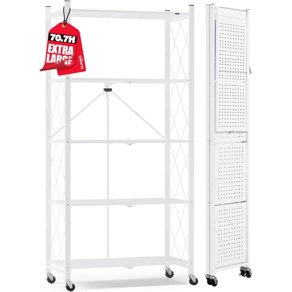 70.7 Inch H Metal Storage Shelves, 5 Tier Folding Shelf on Wheels, Heavy Duty, No Assembly Required, Rolling Collapsible Rack Unit for Kitchen, Basement, Pantry, White, 1 Pack