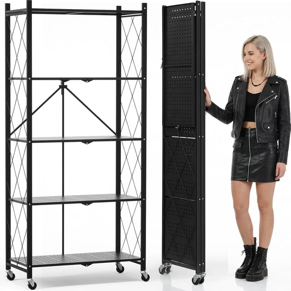 70.7" Tall Extra Large 5-Tier Folding Storage Shelf with Wheels, No Assembly Collapsible Metal Rack with Leveling Feet for Garage, Pantry, Basement, Vendor Display, Kitchen(Black,1 Pack)