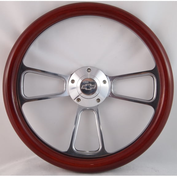 70-73 Chevrolet/GMC Truck Models 14" Stained Mahogany with Rivets Brass Wood Billet Black Steering Wheel Set Adapter & Horn
