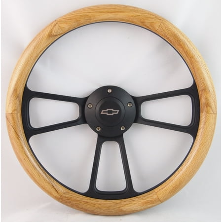 70-75 Chevy/GMC Van 14" Unstained Oak Wood Billet Black Steering Wheel Set Adapter & Horn