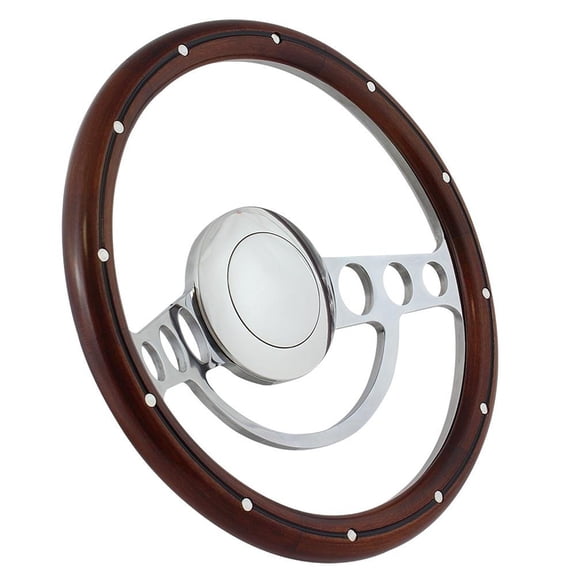 70-79 Ford Ranchero 14 Inch Polished (9 Hole) Classic Steering Wheel Mahogany Wood with Aluminum Rivets Half Wrap