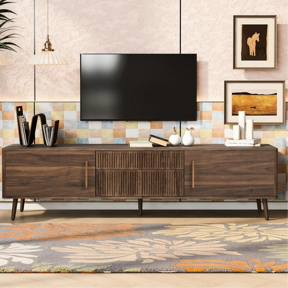 70-79 Inch Tv Cabinet With 2 Drawers, Mid Century Media Console, Entertainment Center. Retro Inspired Feature, And Solid Wood Storage, Drawers Console For Tvs, Walnut Finish, Construction